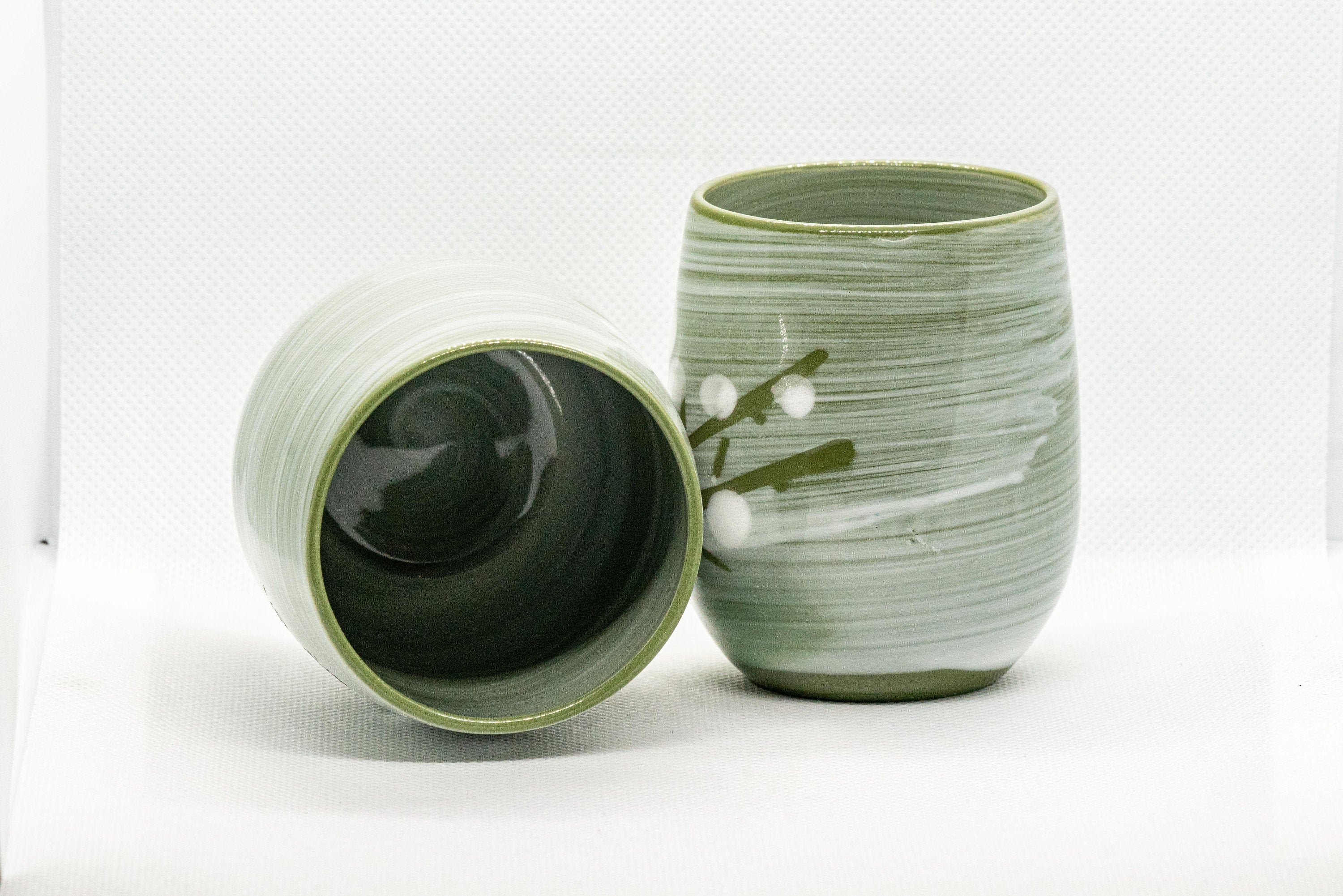 Japanese Teacups - Meoto Pair of Green Floral Yunomi