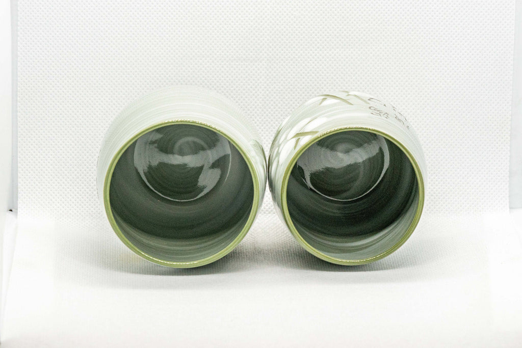 Japanese Teacups - Meoto Pair of Green Floral Yunomi
