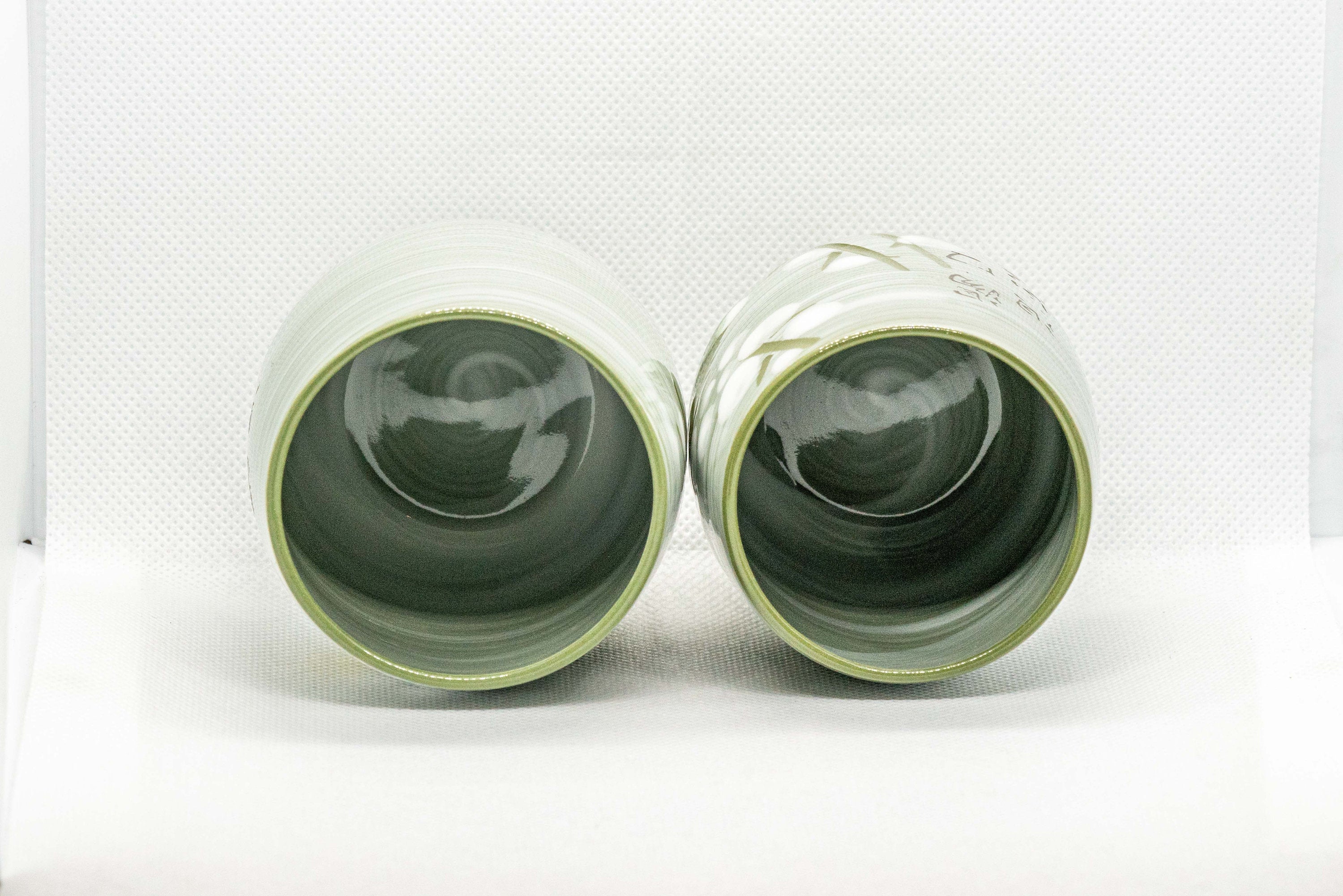 Japanese Teacups - Meoto Pair of Green Floral Yunomi