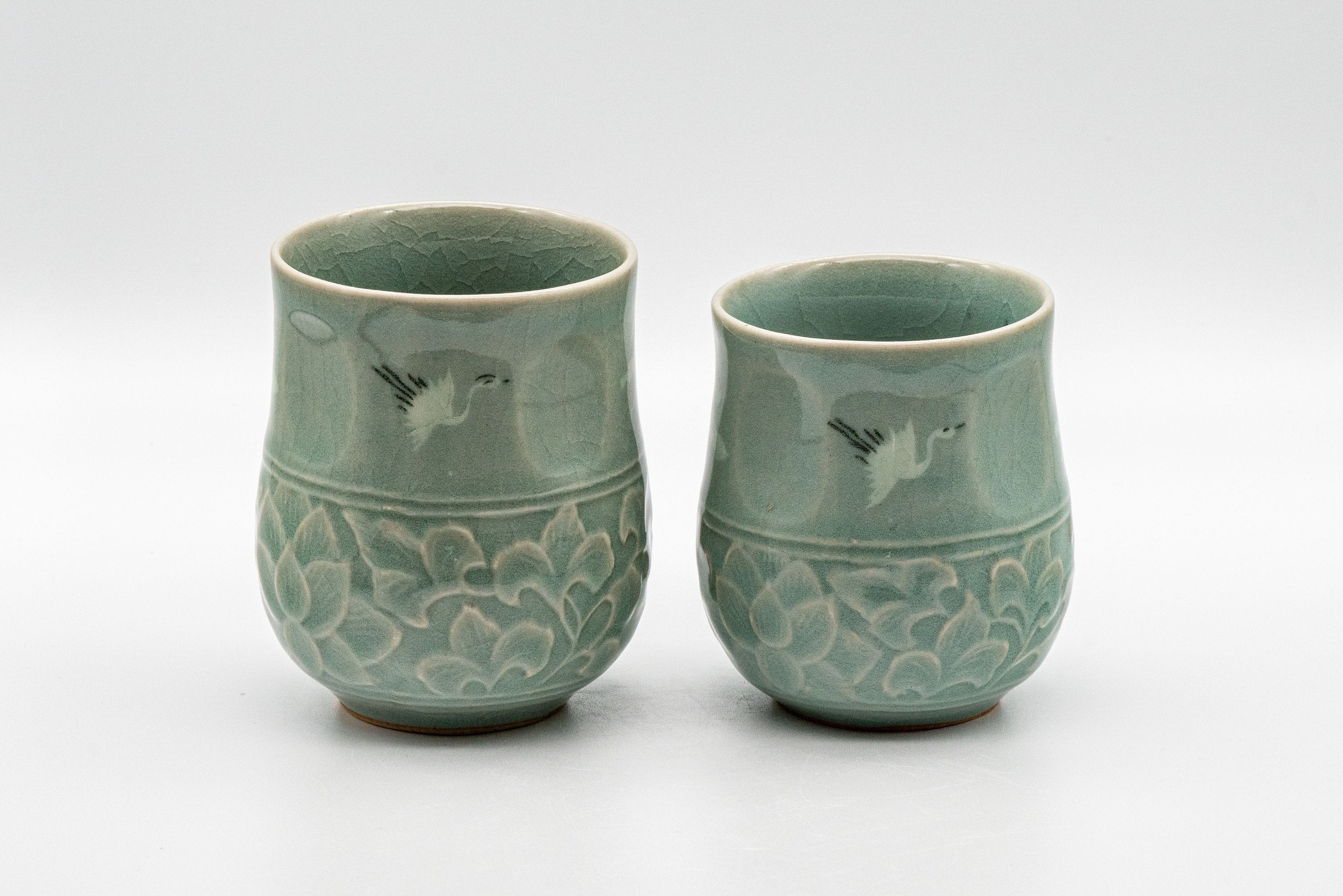 Japanese Teacups - Couple's Pair of Ishiyama Celadon Dojimari-gata Yunomi - 165ml