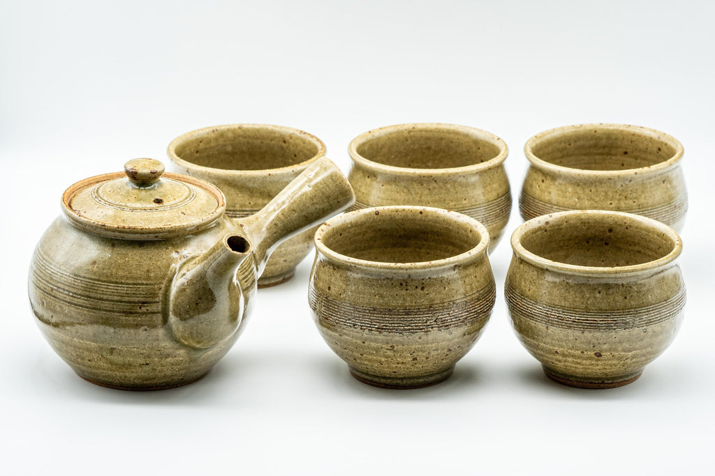 Japanese Tea Set - Speckled Olive Green Kyusu with 5 Yunomi - 350ml