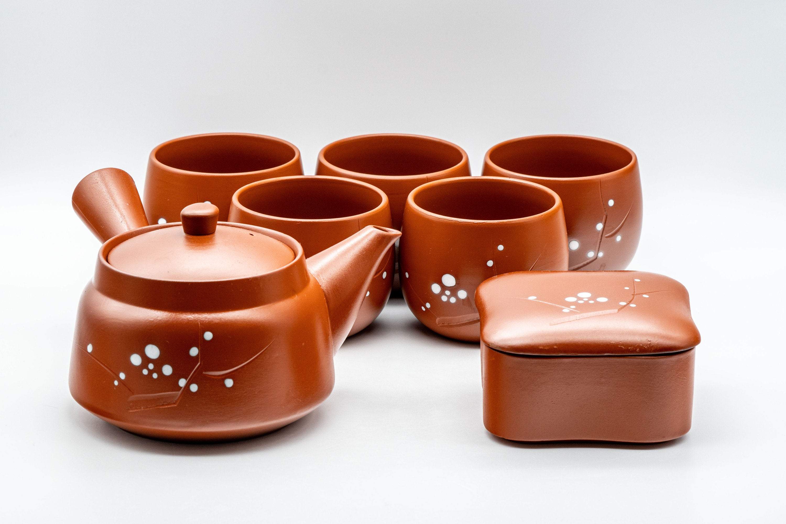 Japanese Tea Set - Plum Blossoms Tokoname-yaki Debeso Kyusu, Kashiki, and 5 Yunomi