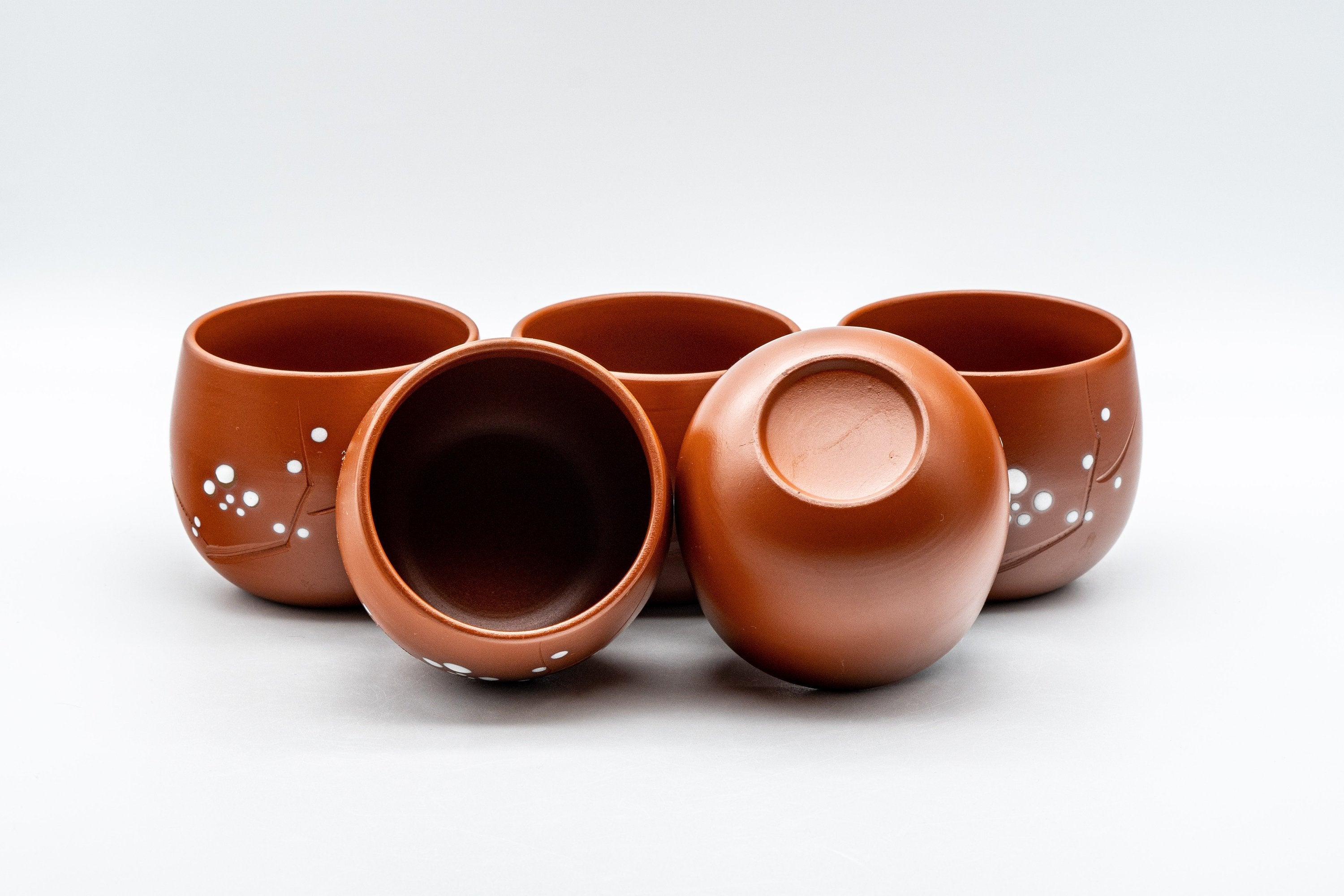 Japanese Tea Set - Plum Blossoms Tokoname-yaki Debeso Kyusu, Kashiki, and 5 Yunomi