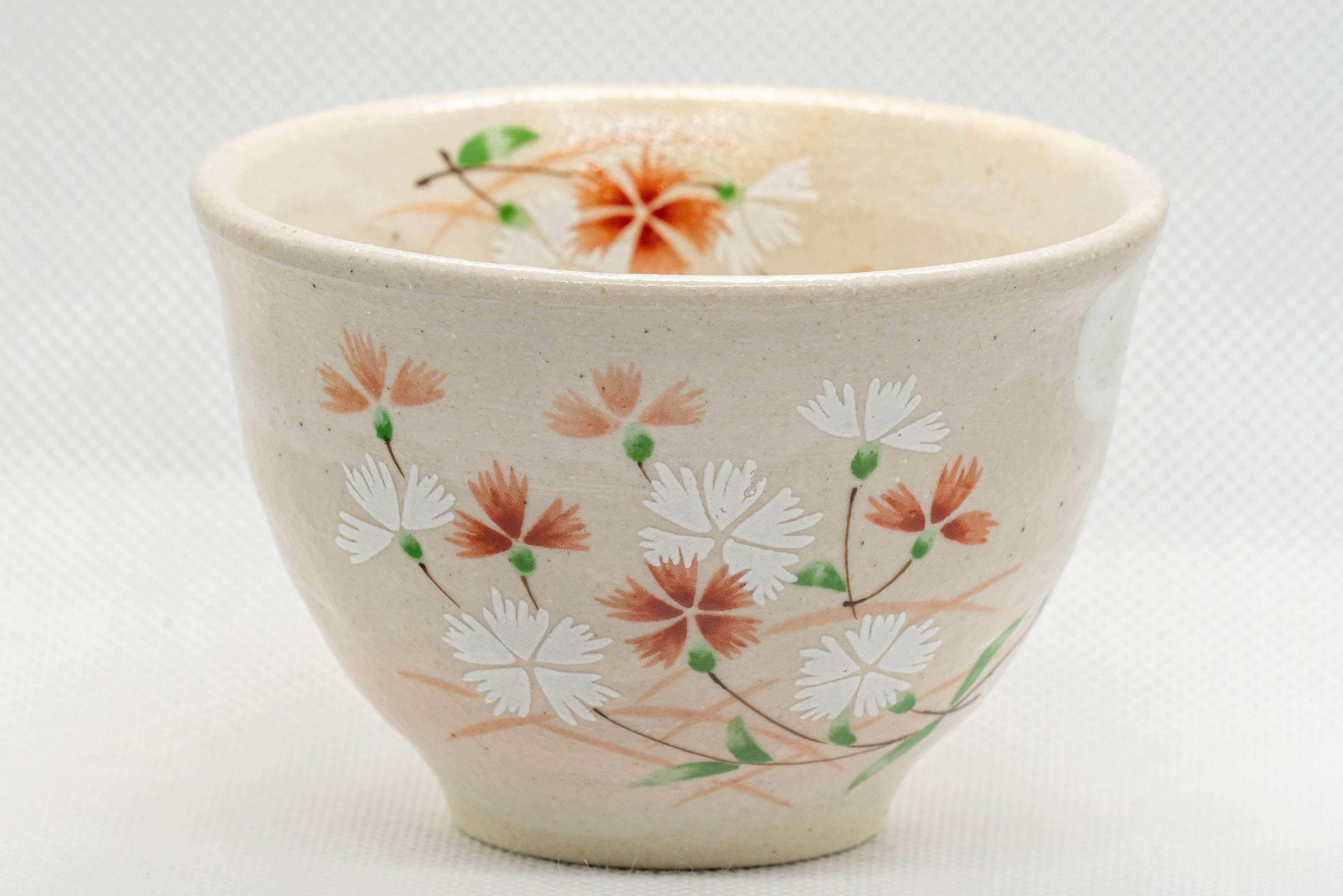 Japanese Teacups - Pair of Beige Floral Yunomi with Saucers - 150ml