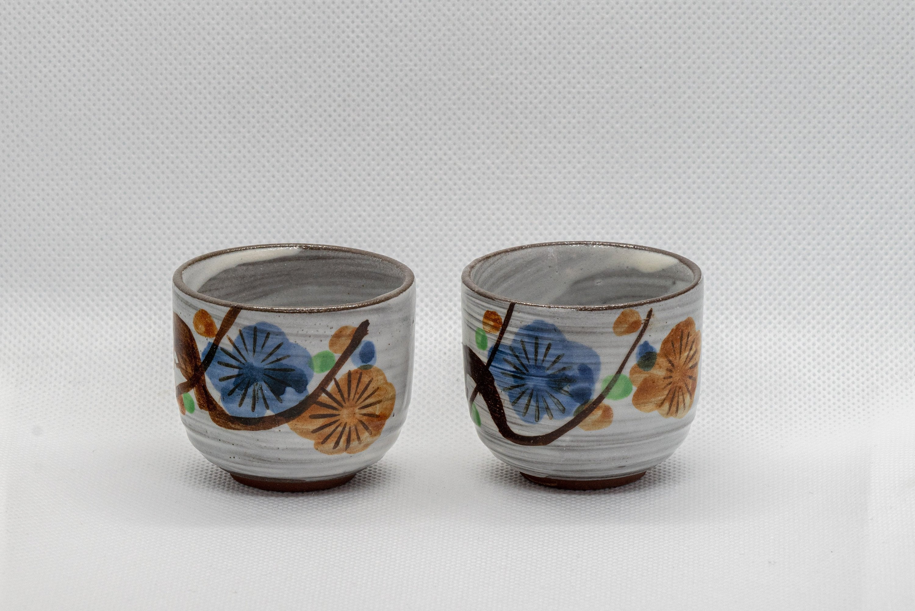 Japanese Teacups - Pair of White Glazed Floral Guinomi - 40ml