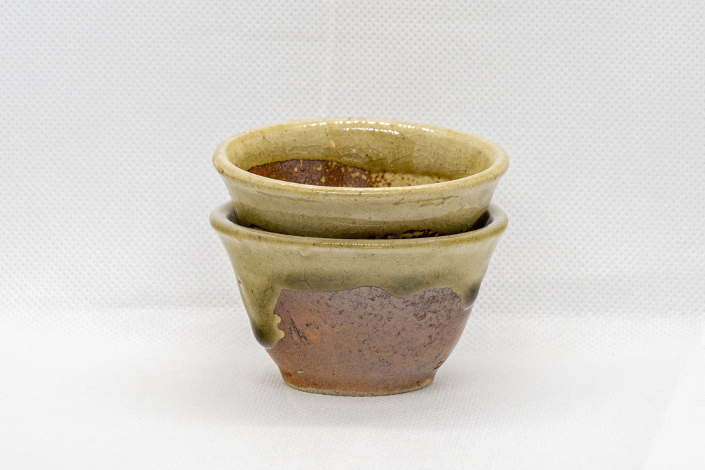 Japanese Teacups - Pair of 香山 Ash Green Glazed Shigaraki-yaki Senchawan - 55ml