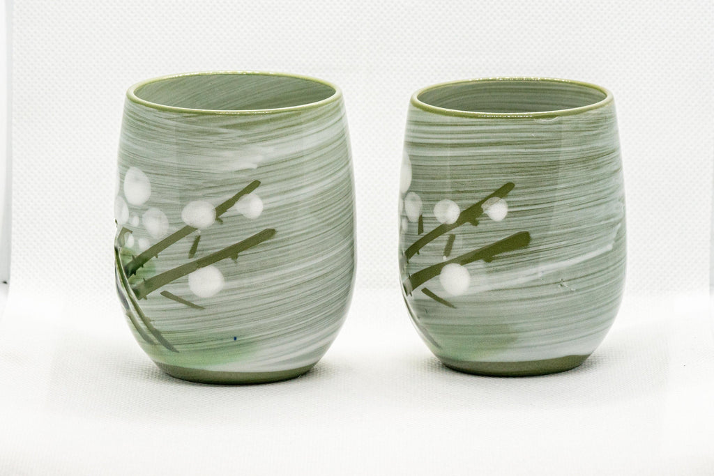 Japanese Teacups - Meoto Pair of Green Floral Yunomi