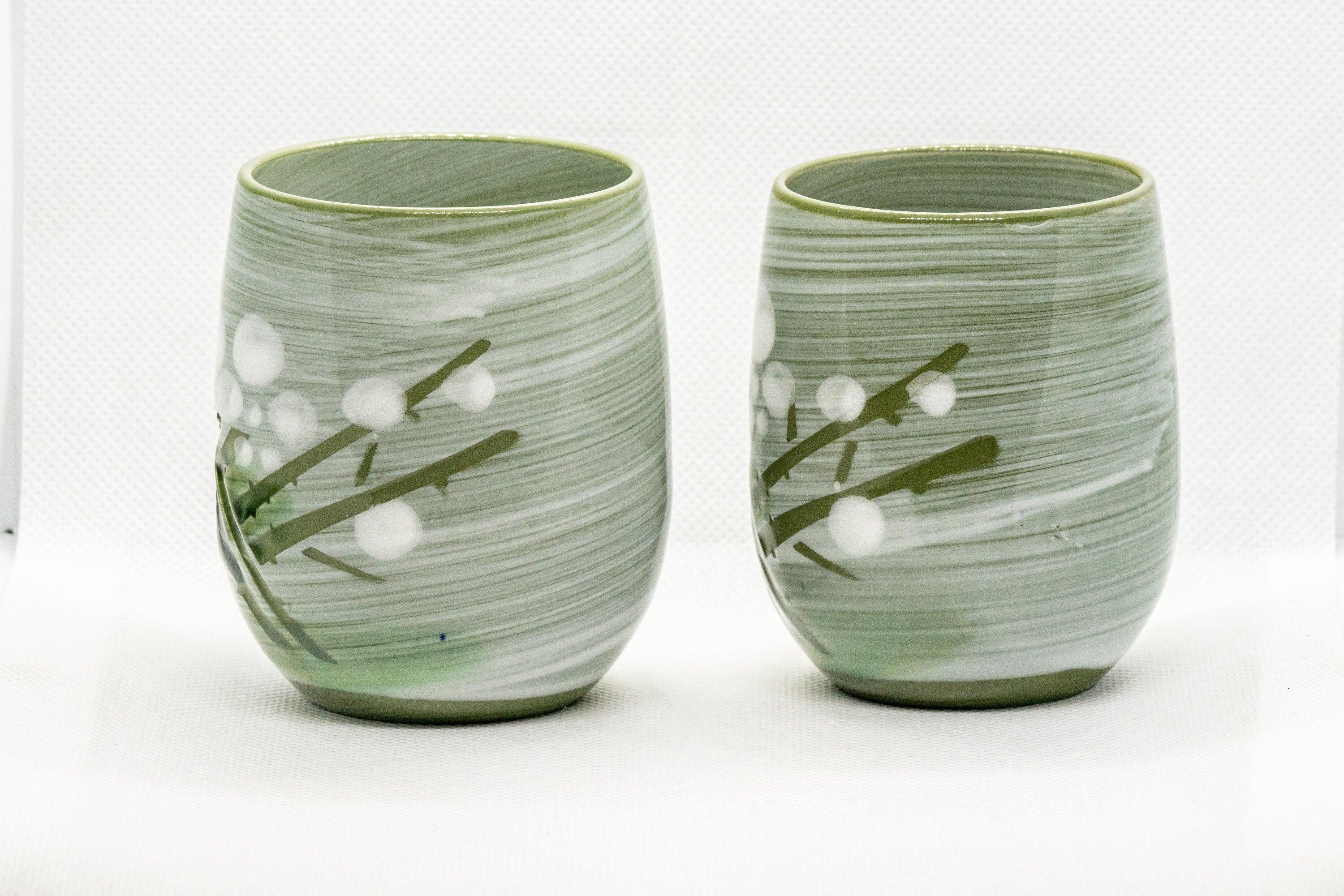 Japanese Teacups - Meoto Pair of Green Floral Yunomi