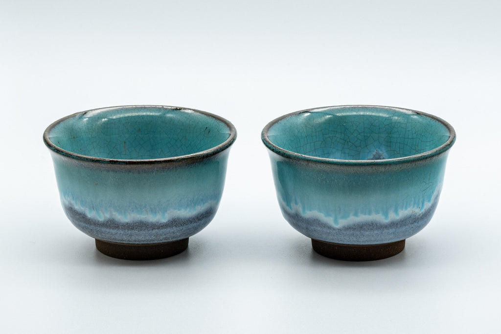 Japanese Teacups - Pair of Turquoise Drip-Glazed Agano-yaki Senchawan - 125ml