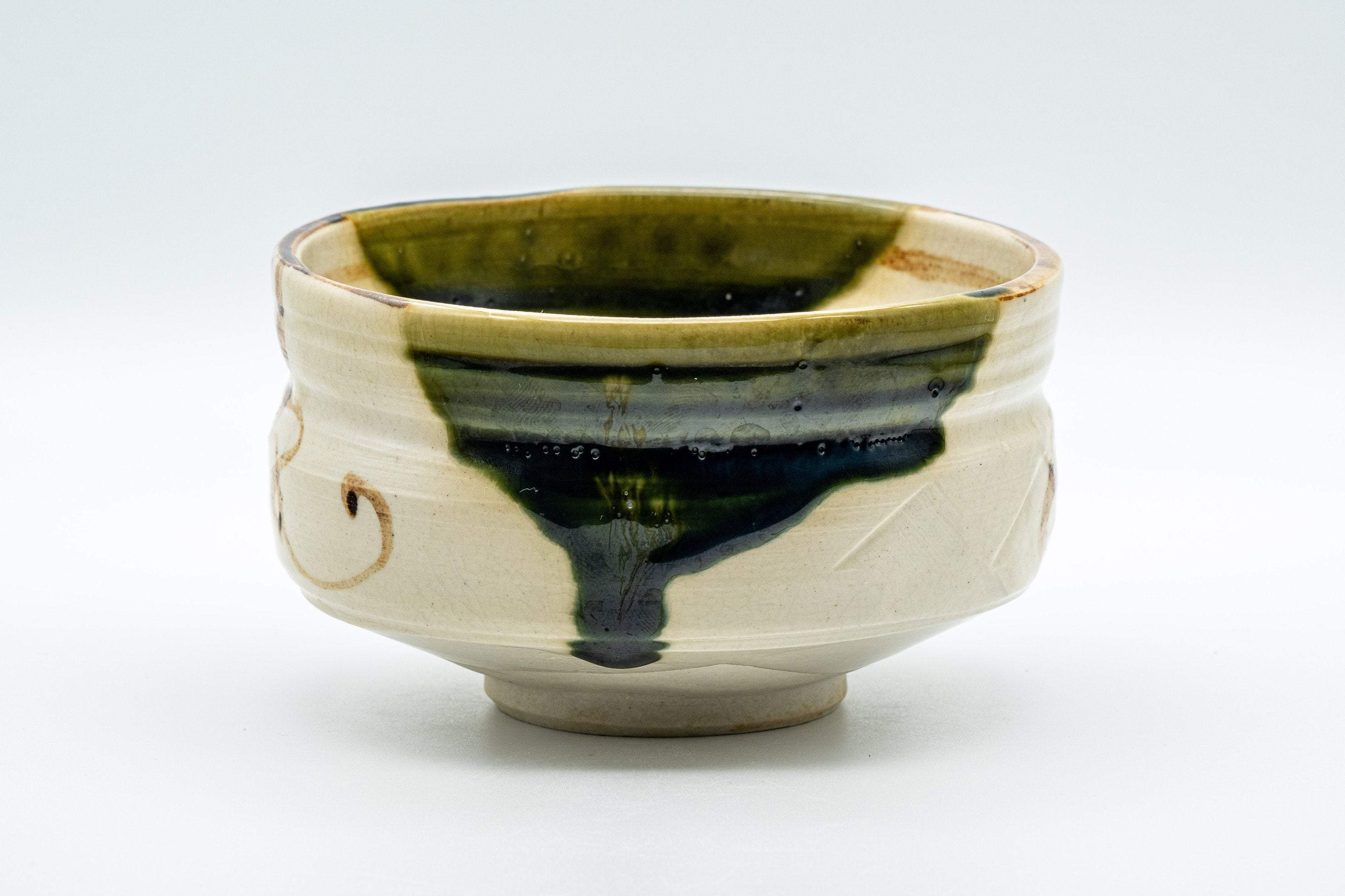 Japanese Matcha Bowl Set - Drip Glazed Dojimari-gata Oribe-yaki Chawan with Bamboo Chasen Whisk and Chashaku Scoop - 400ml