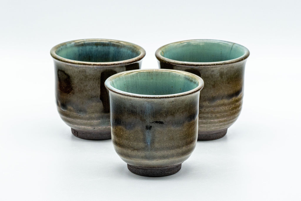 Japanese Teacups - Set of 3 Olive Green Turquoise Koishiwara-yaki Yunomi - 100ml
