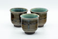 Japanese Teacups - Set of 3 Olive Green Turquoise Koishiwara-yaki Yunomi - 100ml