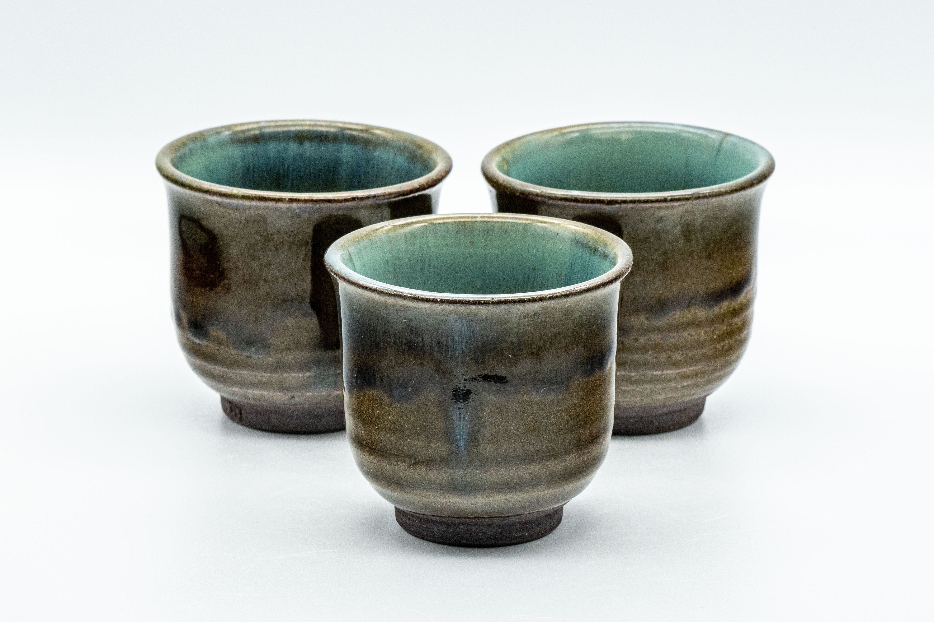 Japanese Teacups - Set of 3 Olive Green Turquoise Koishiwara-yaki Yunomi - 100ml
