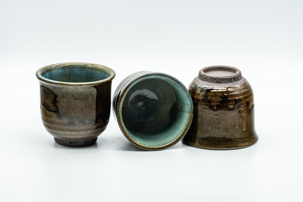 Japanese Teacups - Set of 3 Olive Green Turquoise Koishiwara-yaki Yunomi - 100ml