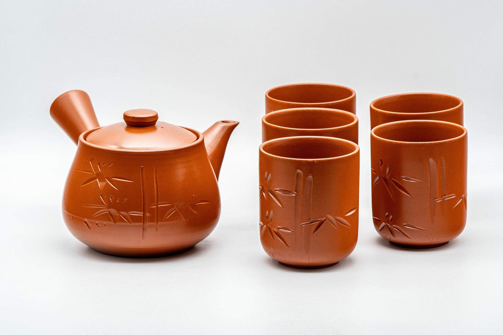 Japanese Tea Set - Bamboo Tokoname-yaki Debeso Kyusu with 5 Yunomi