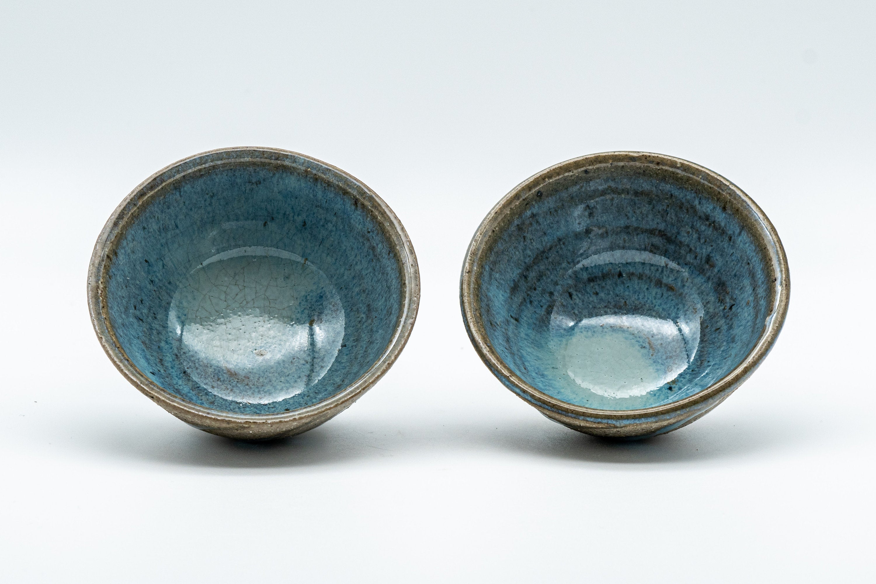 Japanese Teacups - Pair of Stoneware Asagao-gata Guinomi with Cyan Glazed Interior - 50ml