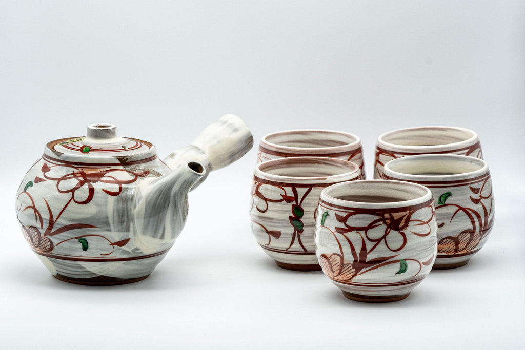 Japanese Tea Set - Floral Brush Glazed Debeso Kyusu with 5 Yunomi