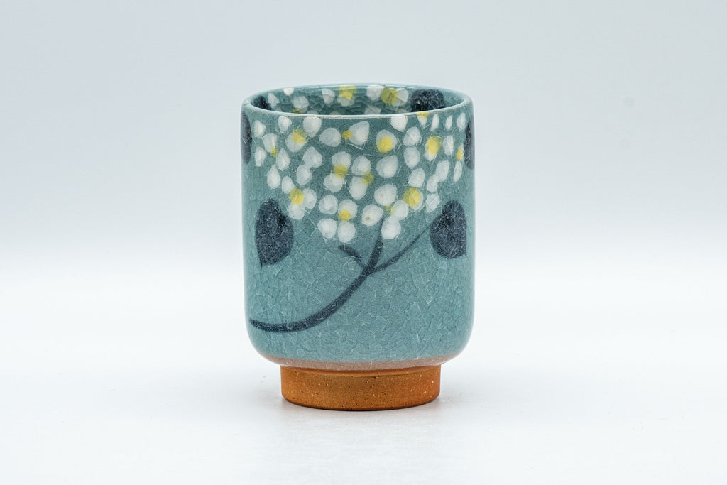Japanese Teacup - Robin's Egg Blue Yunomi with Painted Flowers  - 150ml