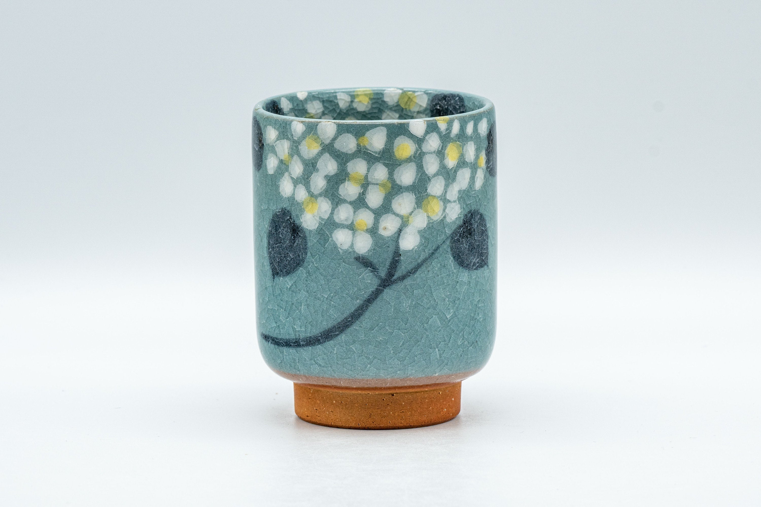 Japanese Teacup - Robin's Egg Blue Yunomi with Painted Flowers  - 150ml