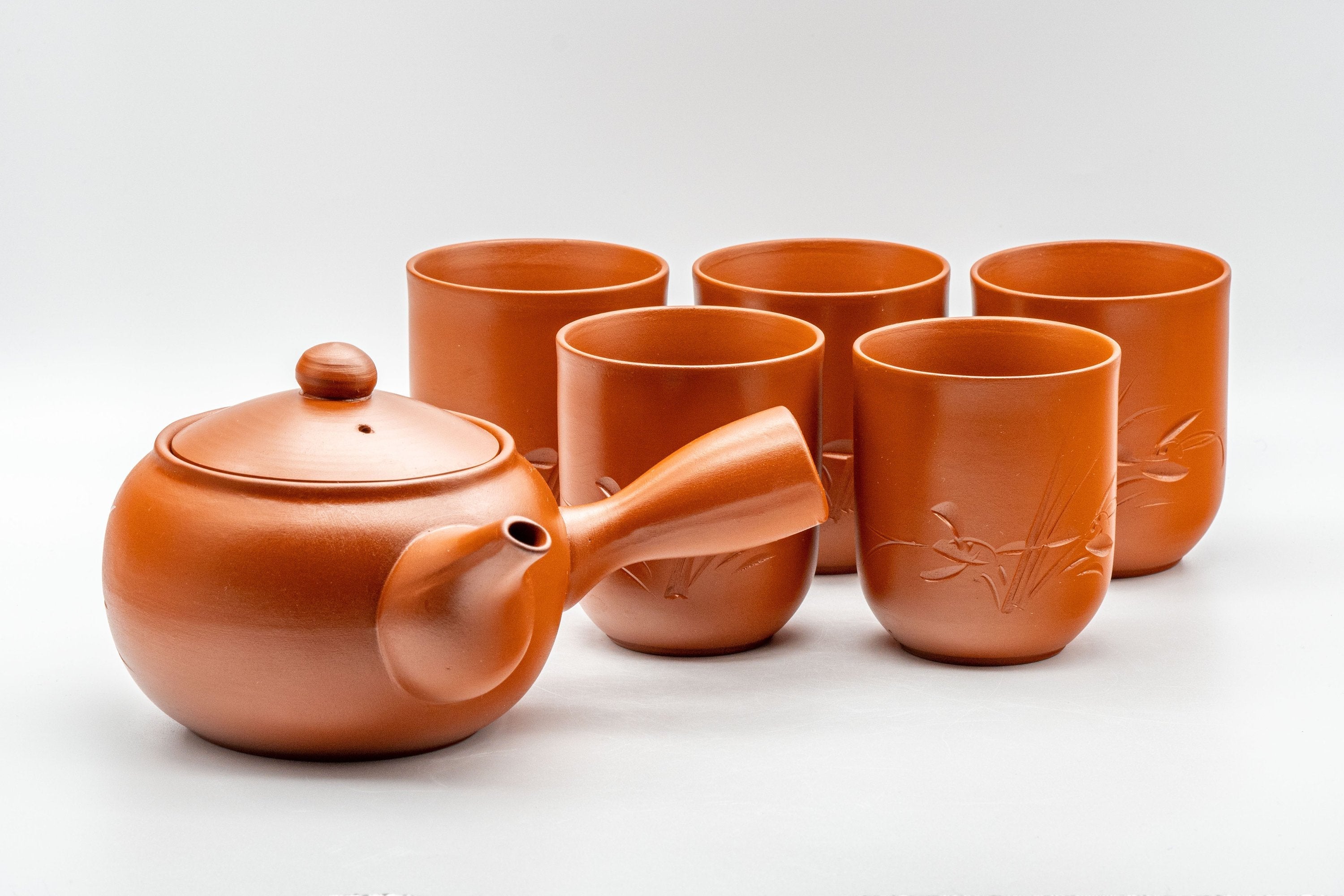 Japanese Tea Set - Tokoname-yaki Maru-gata Debeso Kyusu with 5 Tsutsu-gata Yunomi
