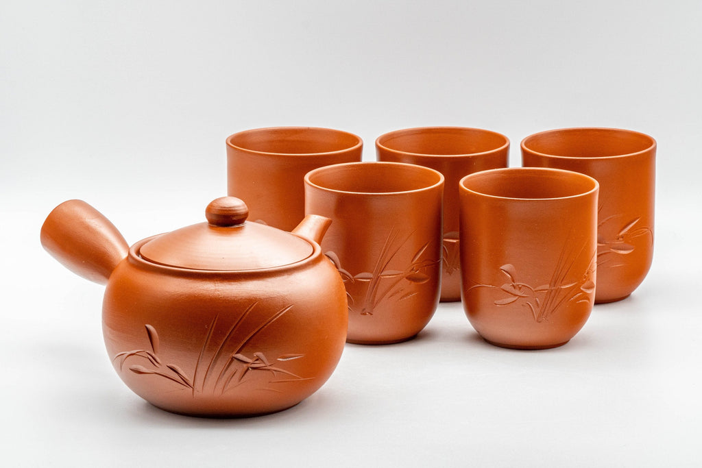 Japanese Tea Set - Tokoname-yaki Maru-gata Debeso Kyusu with 5 Tsutsu-gata Yunomi