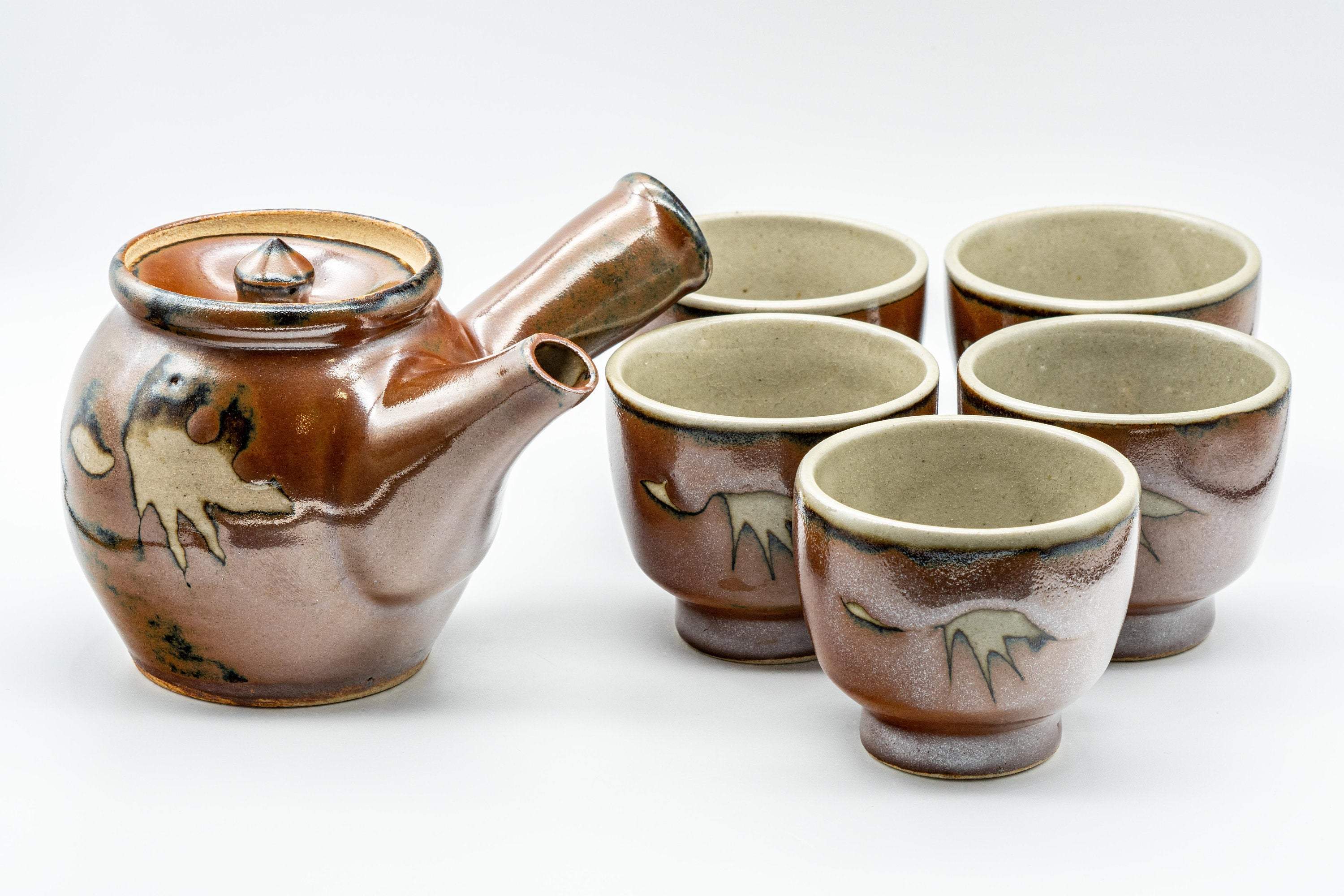 Japanese Tea Set - Tall Glazed Do-ake Kyusu with 5 Yunomi