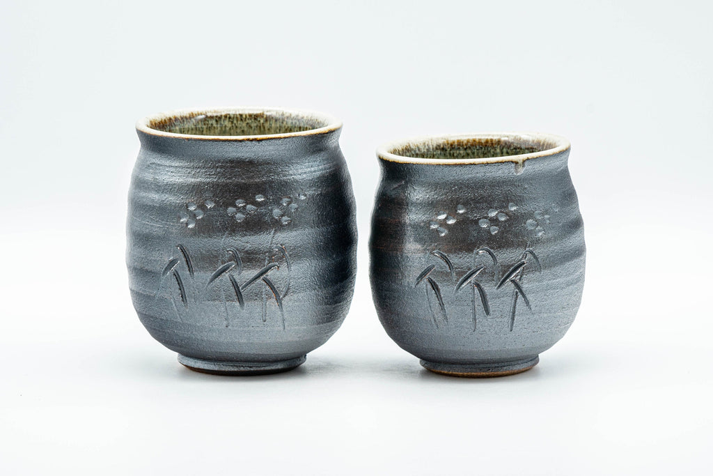 Japanese Teacups - Pair of Meoto Metallic Grey and Mottled Green Yunomi