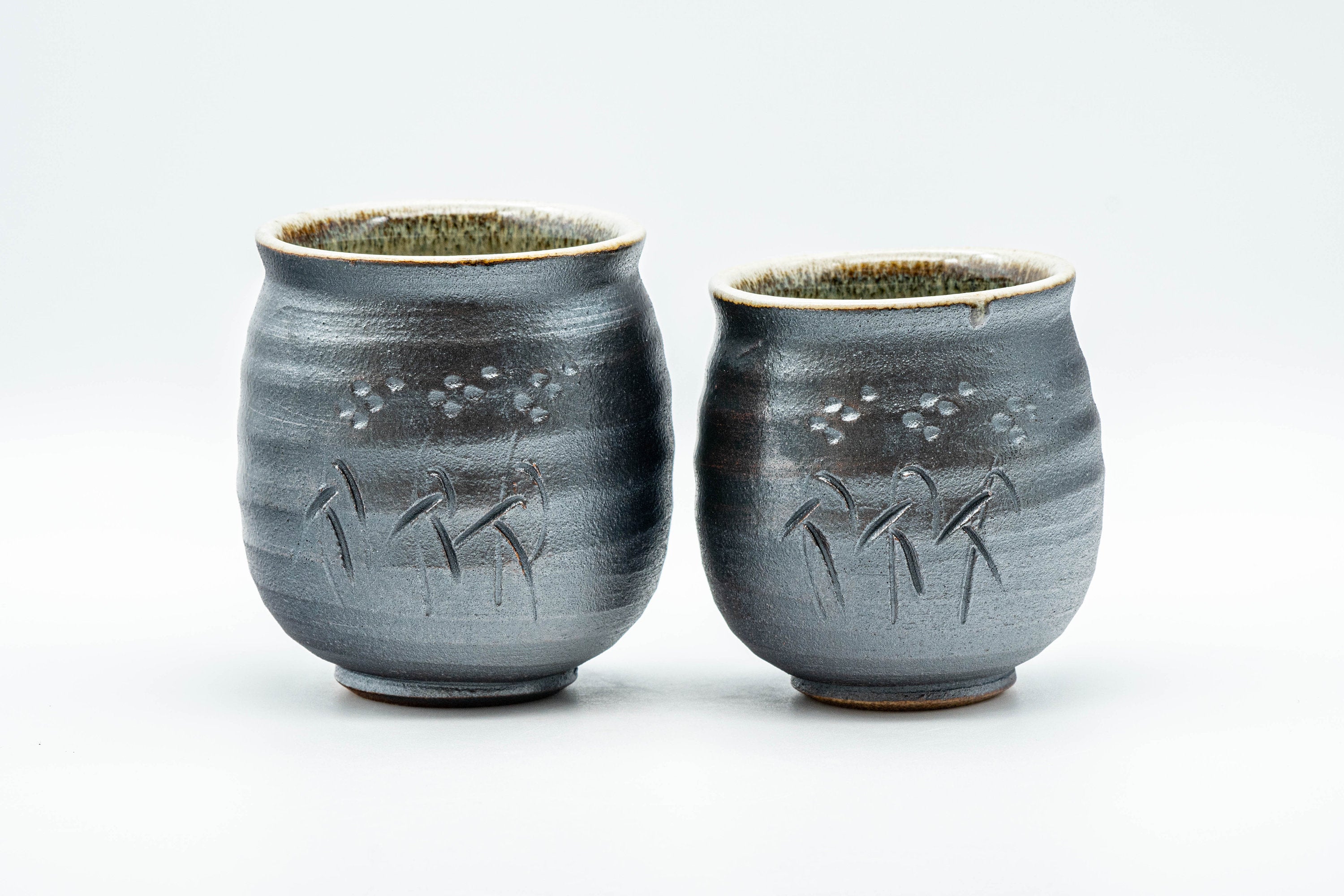 Japanese Teacups - Pair of Meoto Metallic Grey and Mottled Green Yunomi