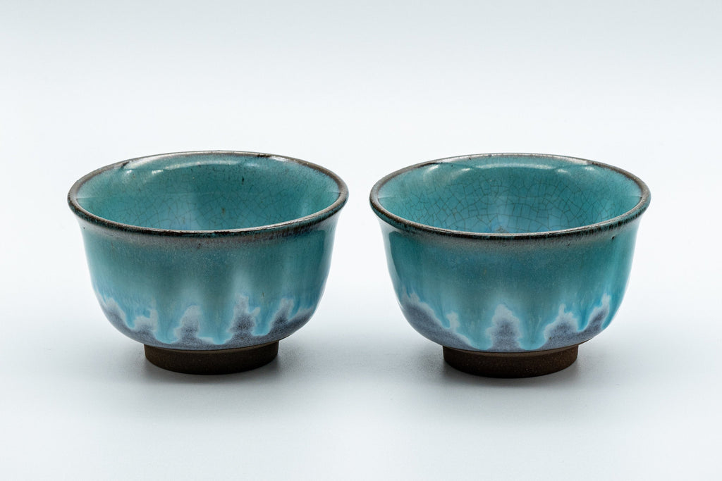 Japanese Teacups - Pair of Turquoise Drip-Glazed Agano-yaki Senchawan - 125ml
