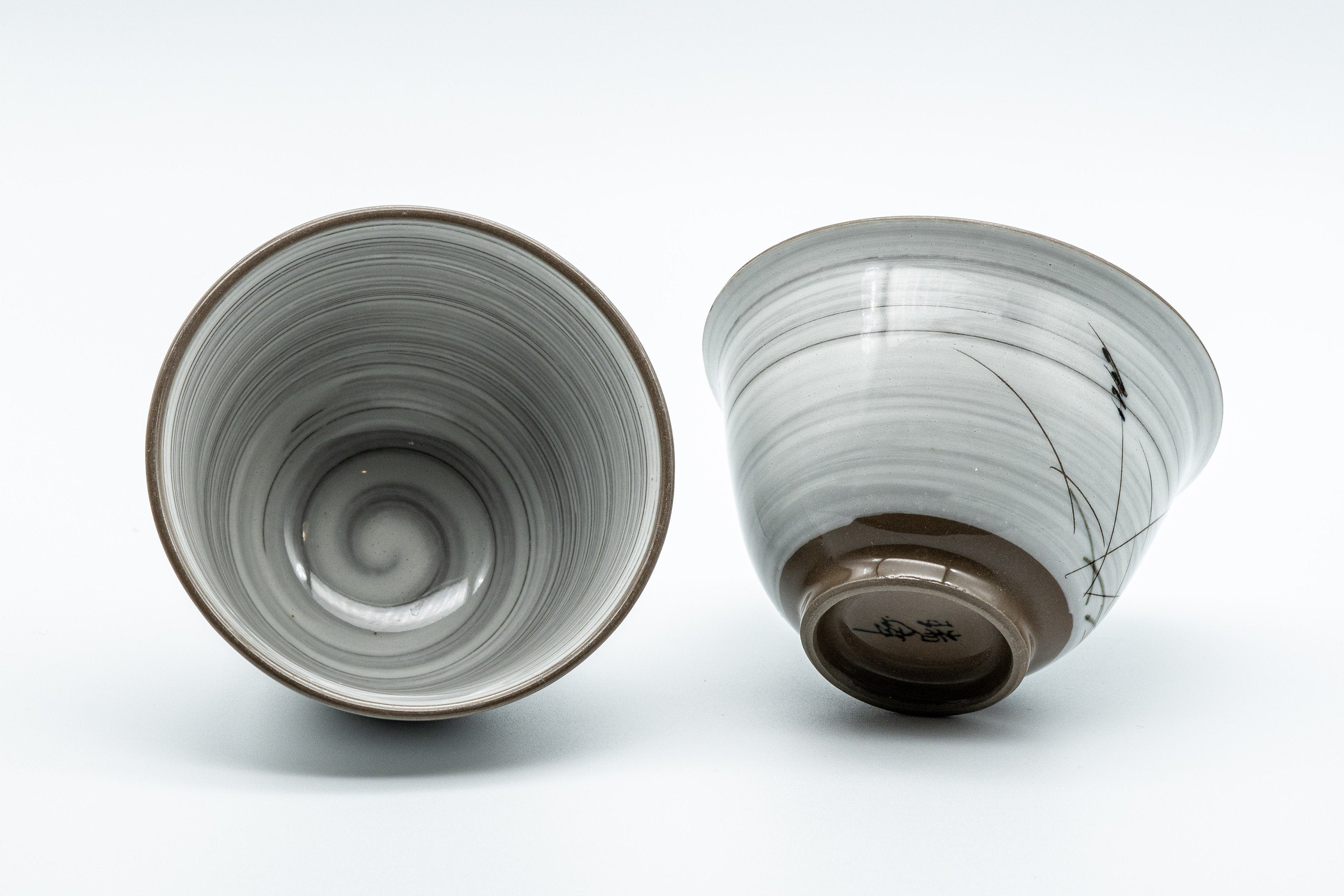 Japanese Teacups - Pair of White Glazed Yunomi with Long Grass Motifs - 100ml