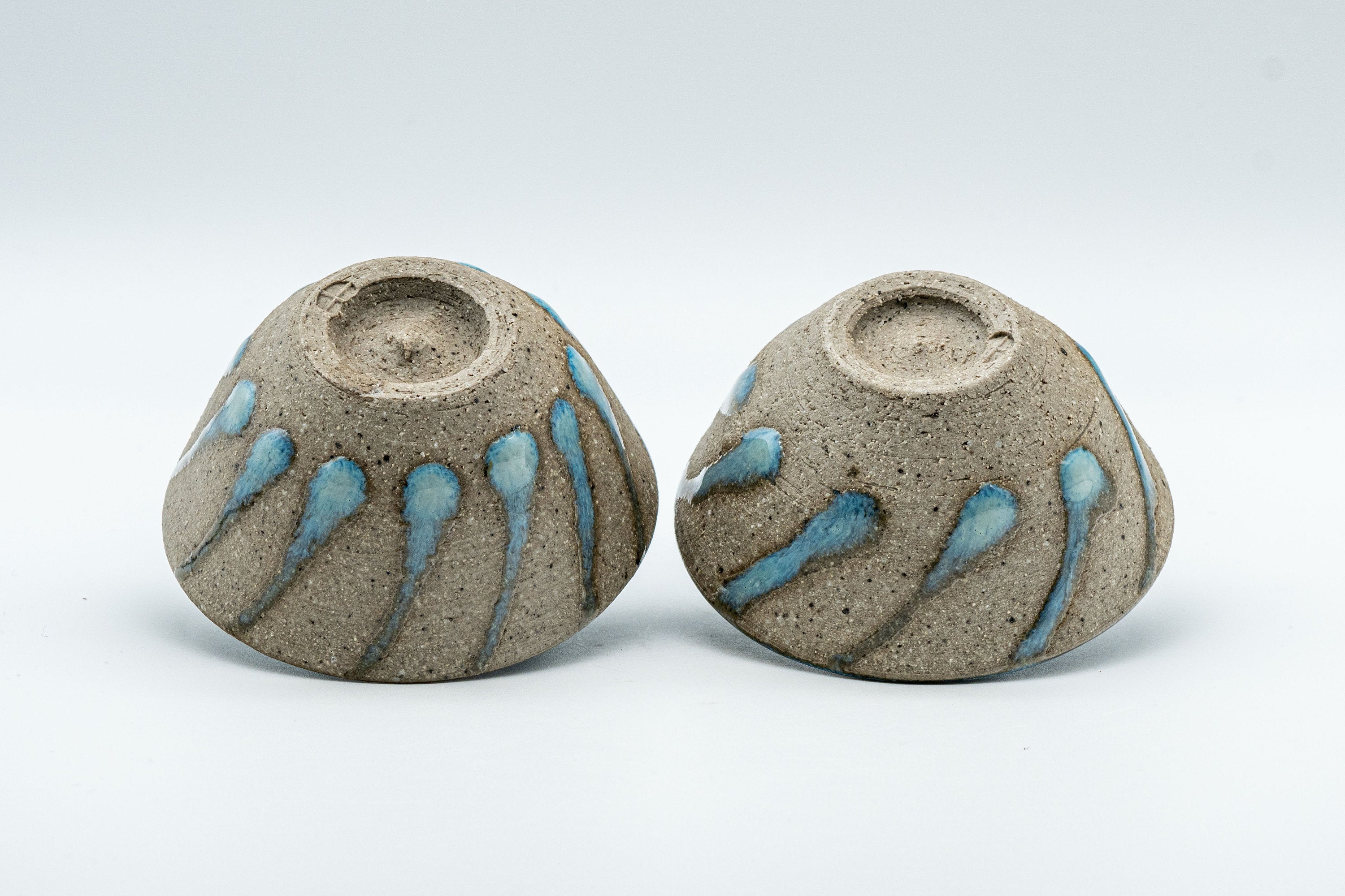 Japanese Teacups - Pair of Stoneware Asagao-gata Guinomi with Cyan Glazed Interior - 50ml