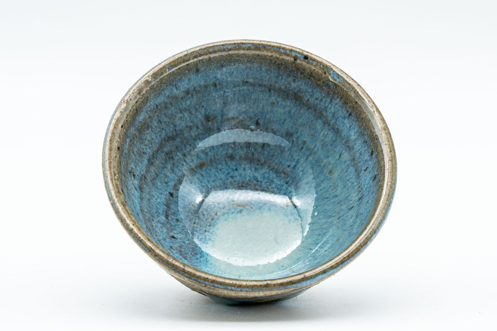 Japanese Teacups - Pair of Stoneware Asagao-gata Guinomi with Cyan Glazed Interior - 50ml