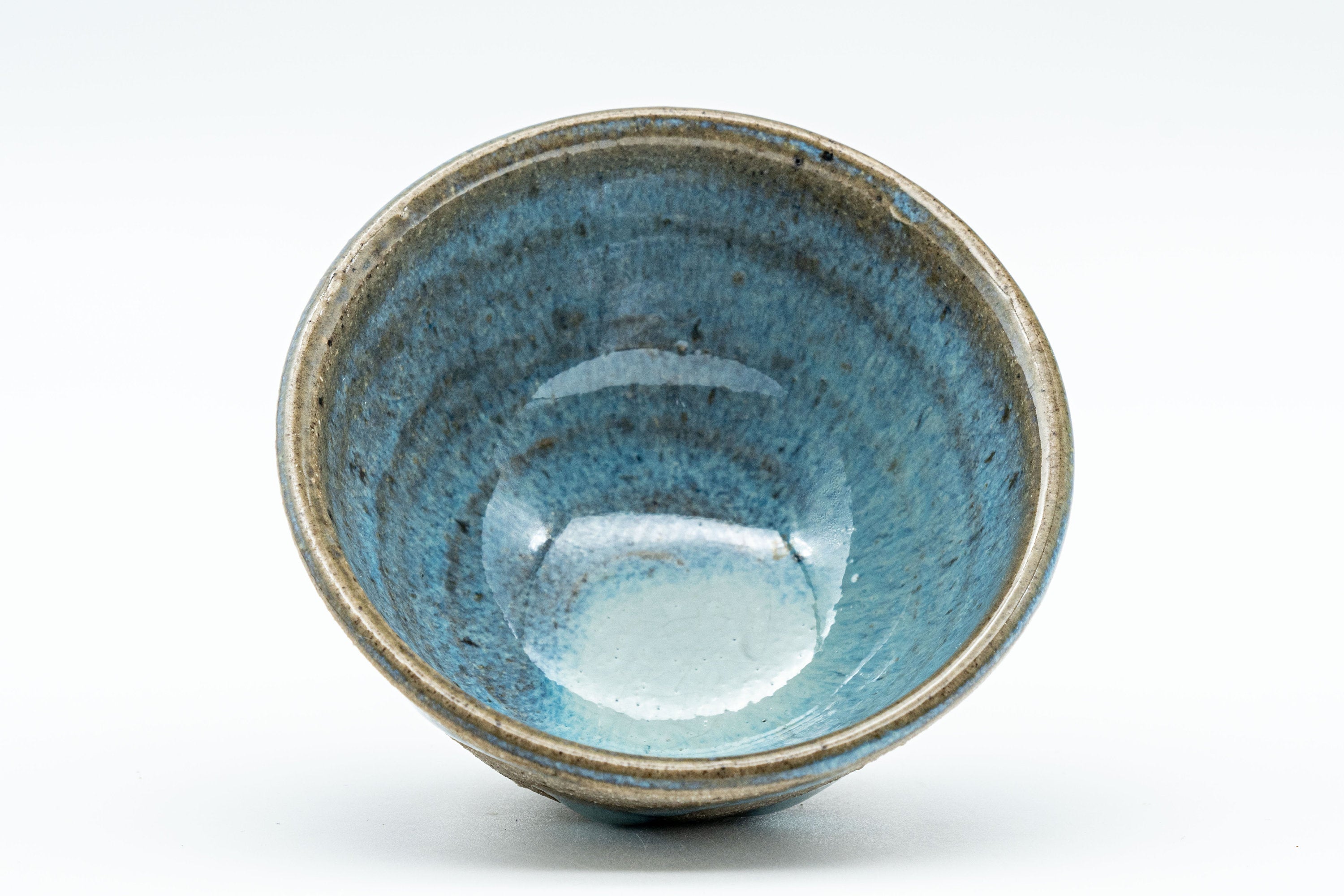 Japanese Teacups - Pair of Stoneware Asagao-gata Guinomi with Cyan Glazed Interior - 50ml