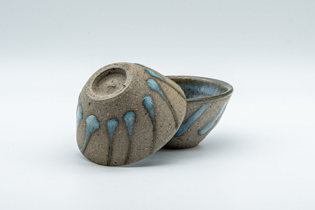 Japanese Teacups - Pair of Stoneware Asagao-gata Guinomi with Cyan Glazed Interior - 50ml