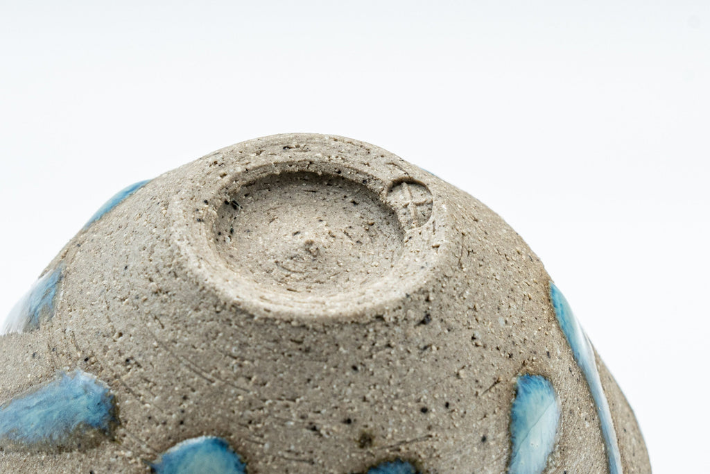 Japanese Teacups - Pair of Stoneware Asagao-gata Guinomi with Cyan Glazed Interior - 50ml