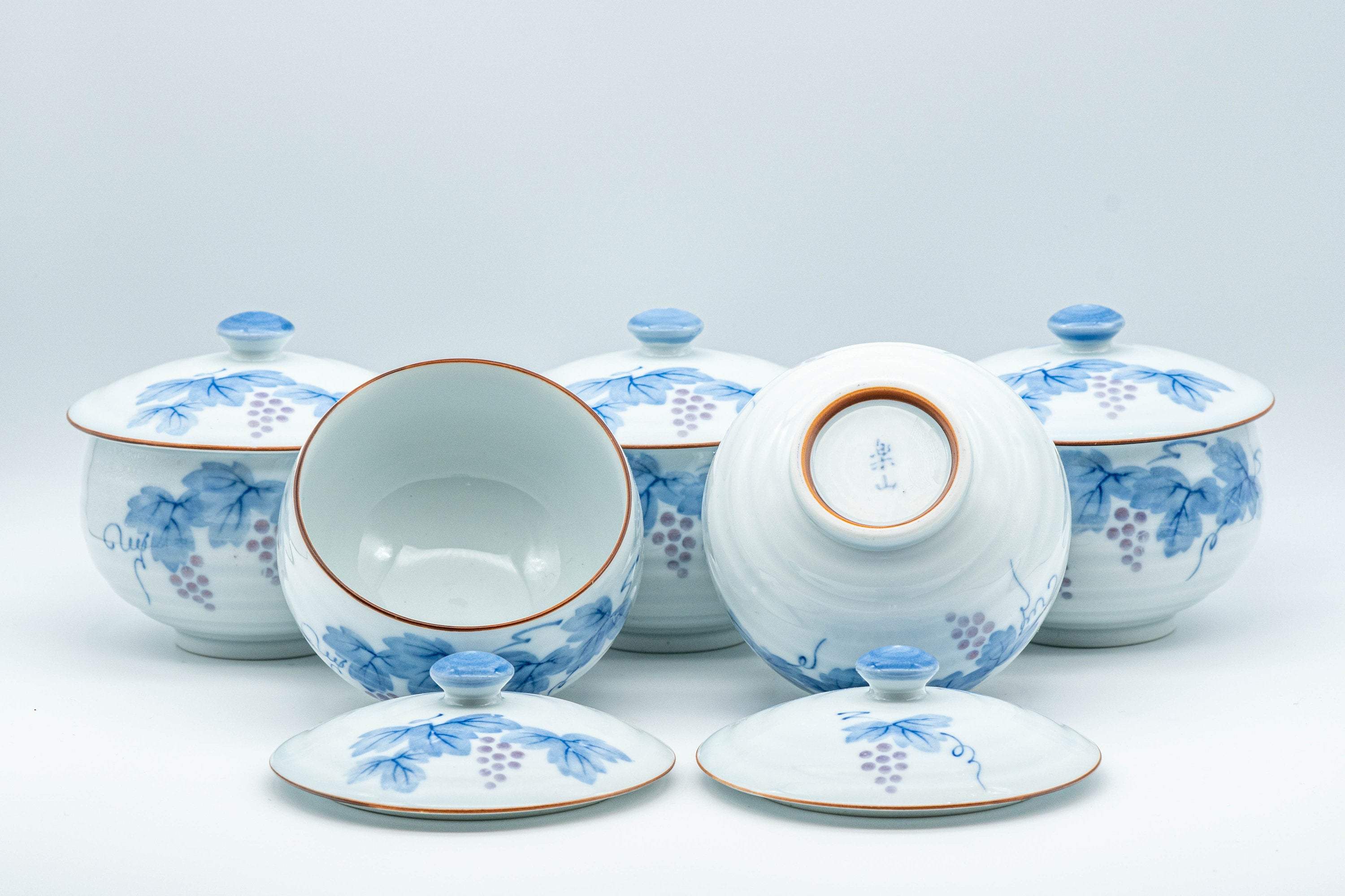 Japanese Tea Set - Porcelain Arita-yaki Dobin Debeso Teapot with 5 Lidded Yunomi
