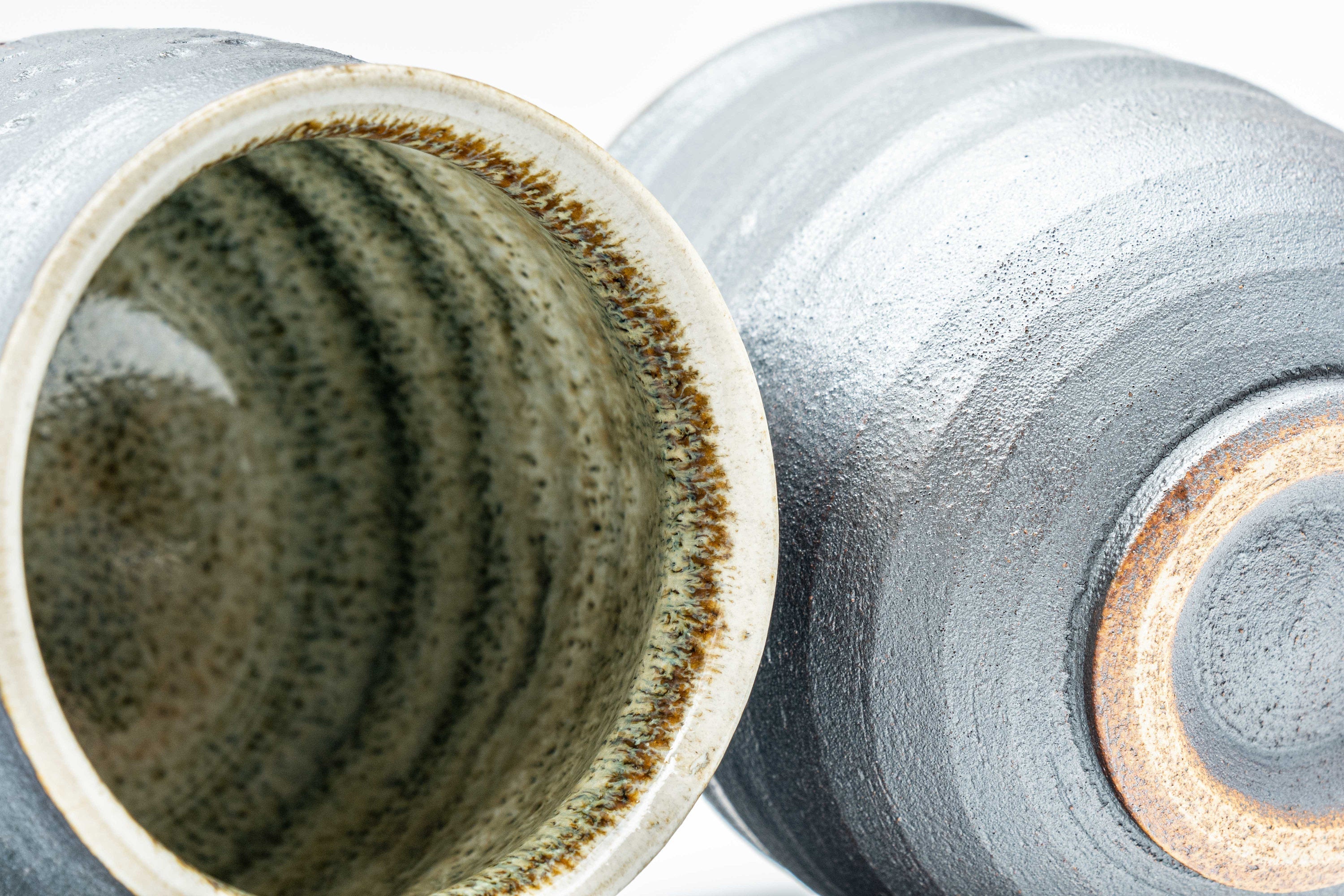 Japanese Teacups - Pair of Meoto Metallic Grey and Mottled Green Yunomi