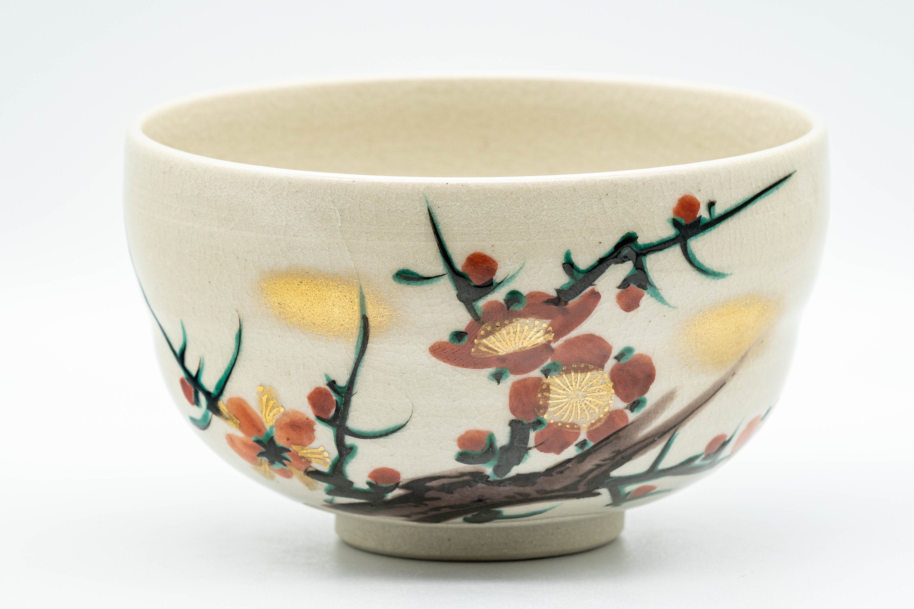 Japanese Matcha Bowl Set - Ume Hantsutsu-gata Kutani-yaki Chawan with Bamboo Chasen Whisk and Chashaku Scoop - 350ml