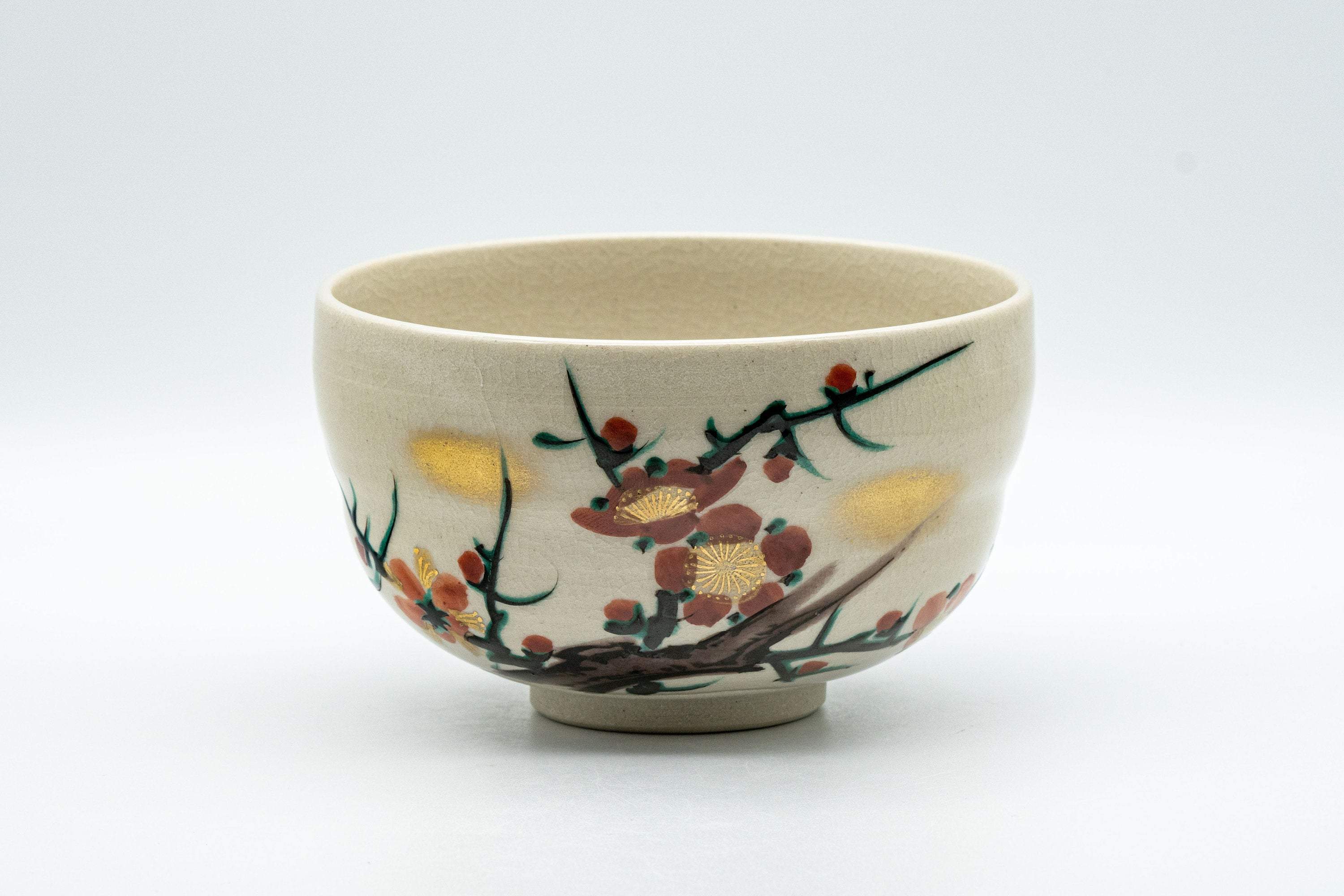 Japanese Matcha Bowl Set - Ume Hantsutsu-gata Kutani-yaki Chawan with Bamboo Chasen Whisk and Chashaku Scoop - 350ml