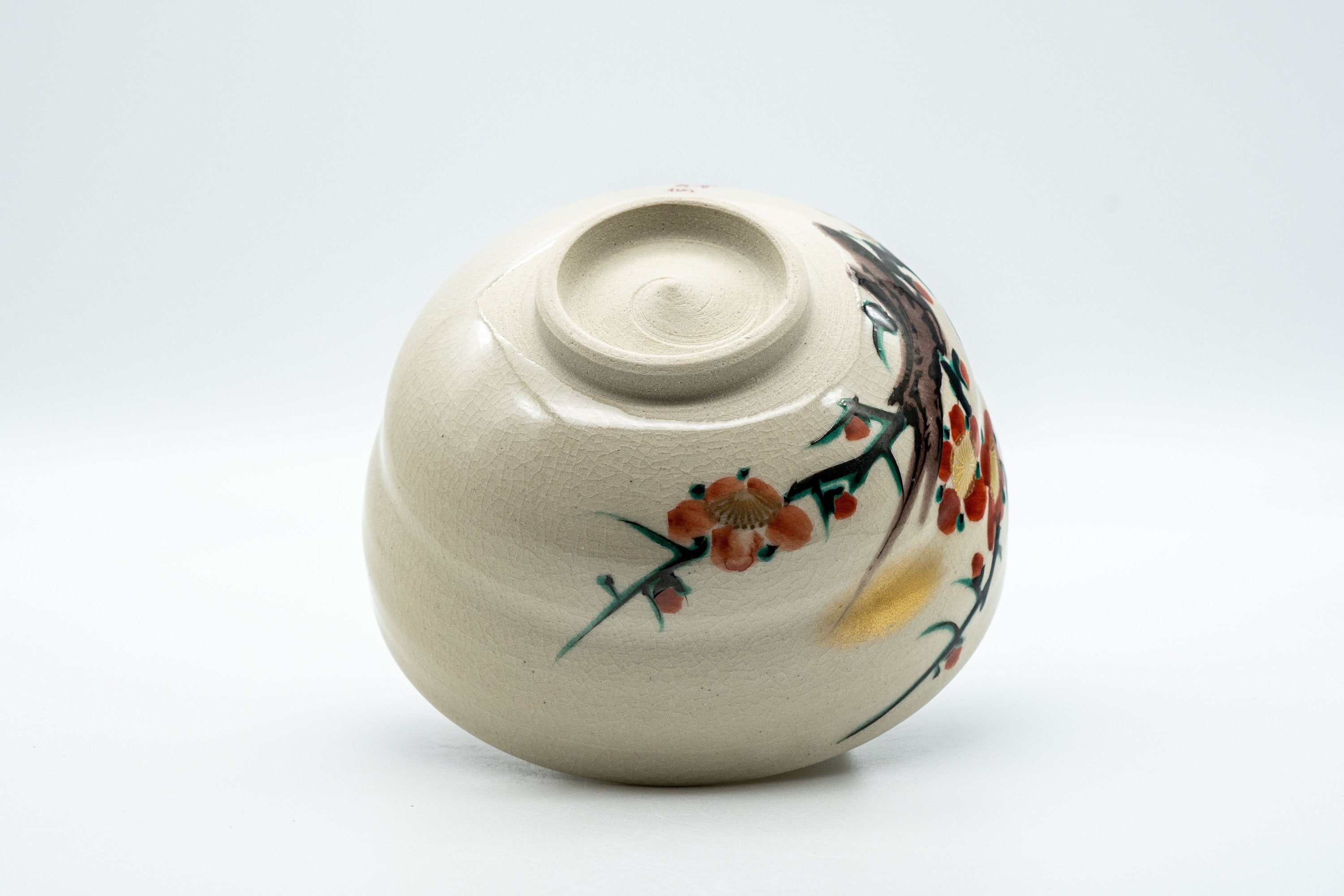 Japanese Matcha Bowl Set - Ume Hantsutsu-gata Kutani-yaki Chawan with Bamboo Chasen Whisk and Chashaku Scoop - 350ml