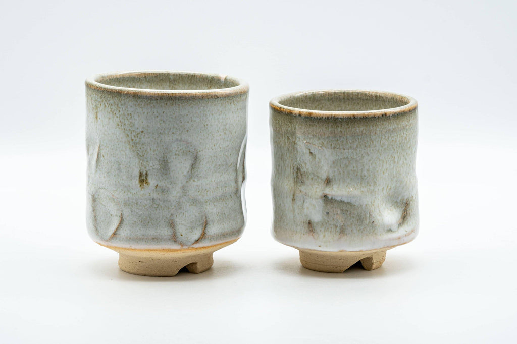 Japanese Teacups - Pair of Hagi-yaki Grey and Beige Hare's Fur Glazed Meoto Yunomi 天龍