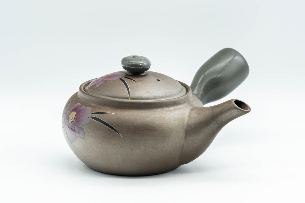 Japanese Kyusu - Grey and Pink Floral Teapot with Rubber Grip - 380ml