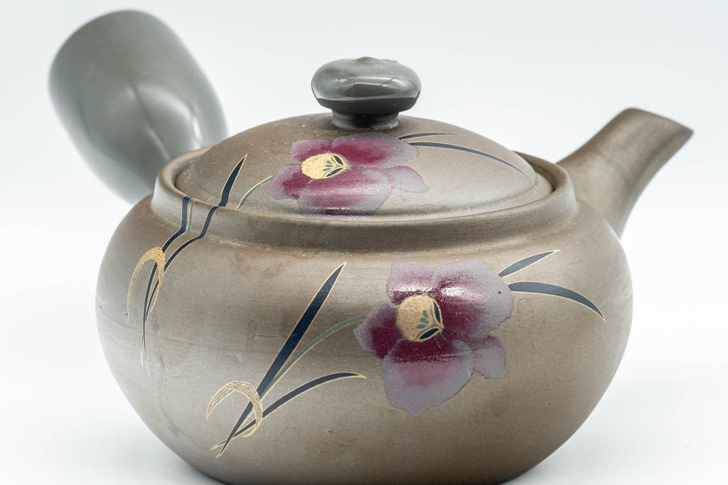 Japanese Kyusu - Grey and Pink Floral Teapot with Rubber Grip - 380ml