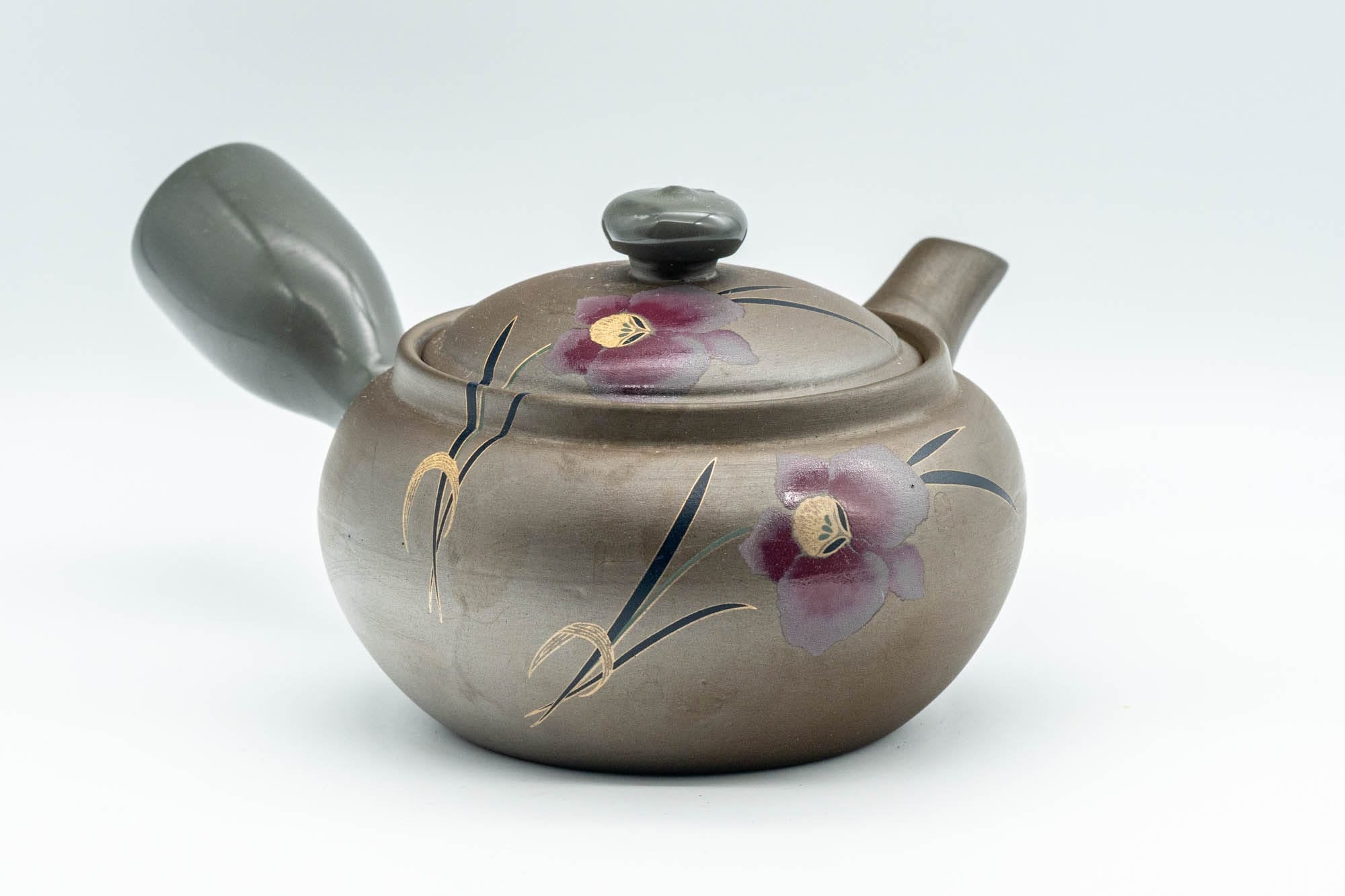 Japanese Kyusu - Grey and Pink Floral Teapot with Rubber Grip - 380ml