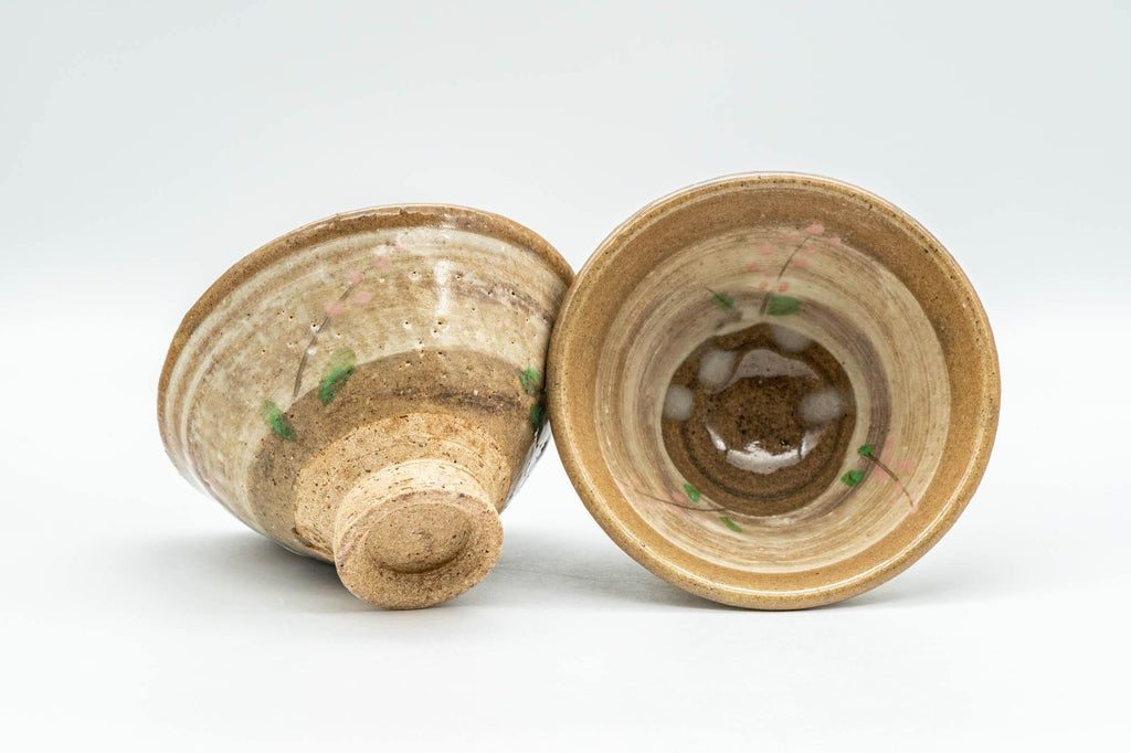 Japanese Teacups - Pair of Floral Beige Hakeme Yunomi - 80ml