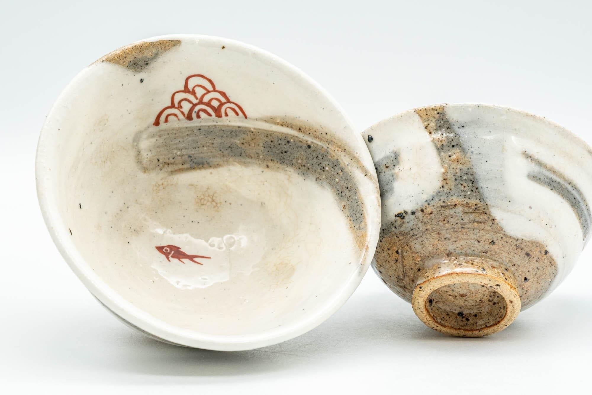 Japanese Teacups - Pair of Fish Decorated Hakeme Yunomi