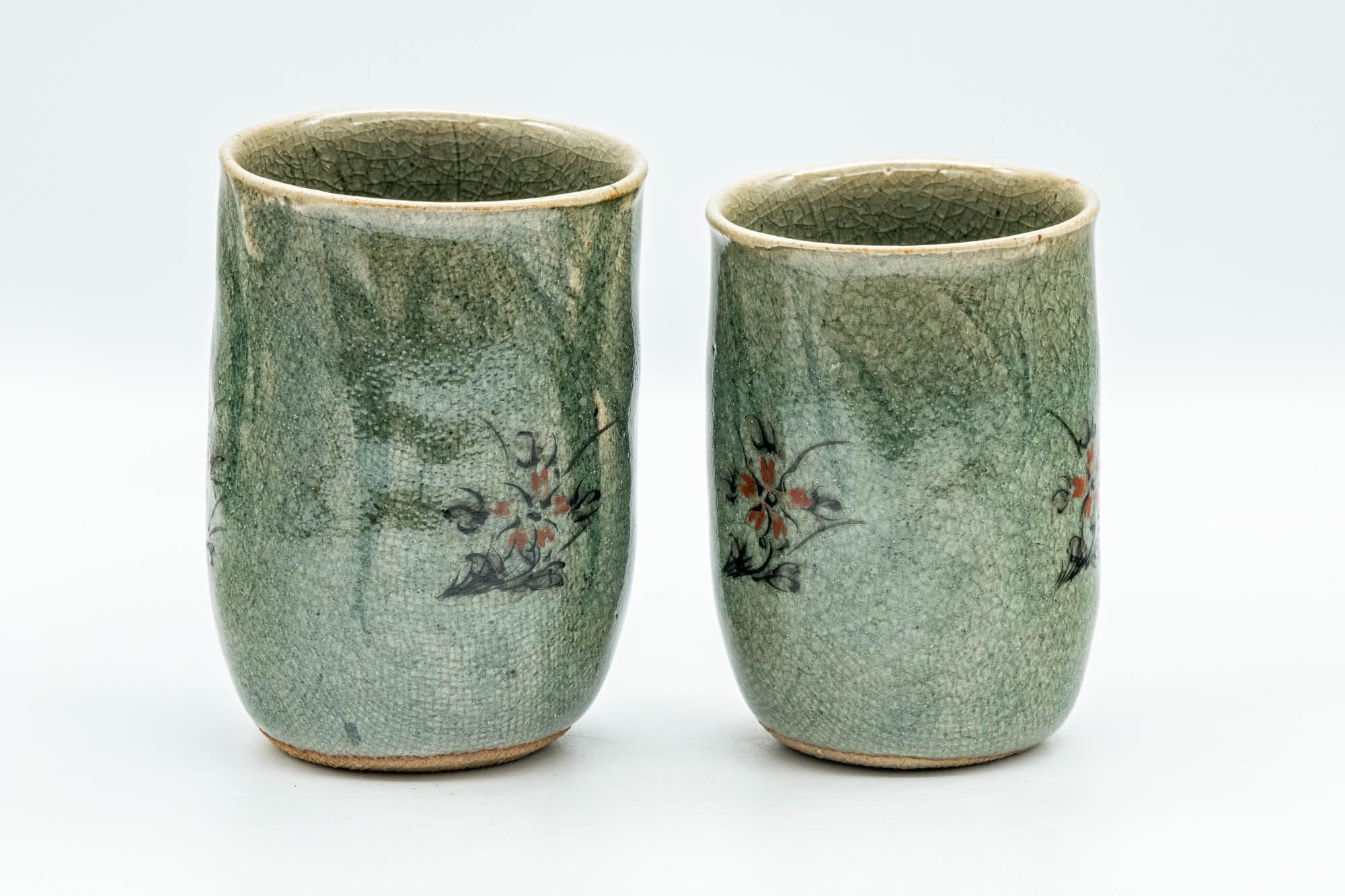 Japanese Teacups - Pair of Meoto Celadon Snowflake Glazed Floral Wabi-Sabi Yunomi