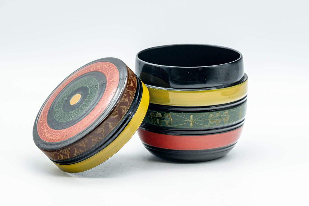 Japanese Natsume - Geometric Green, Red, and Yellow Striped Matcha Caddy - 100ml