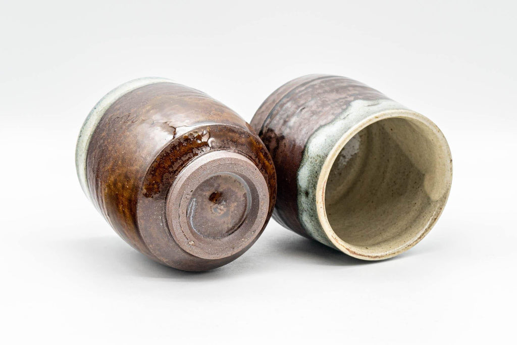 Japanese Teacups - Pair of Brown and White Drip-Glazed Yunomi - 210ml