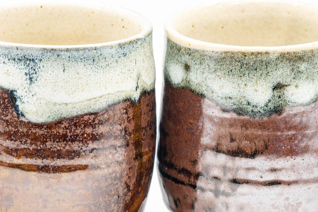 Japanese Teacups - Pair of Brown and White Drip-Glazed Yunomi - 210ml